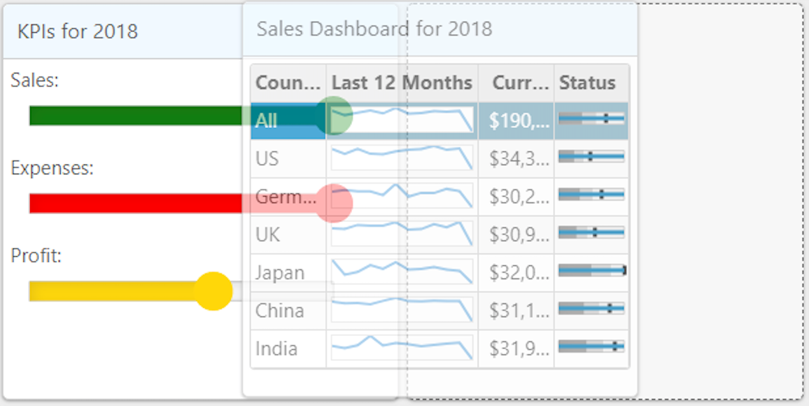 Drag and drop controls in dashboard layout