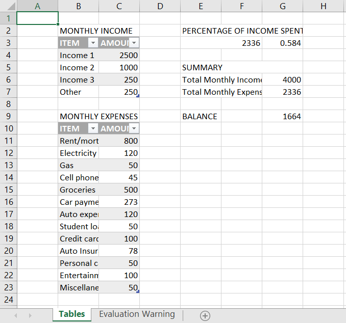 Set formulas for the tables